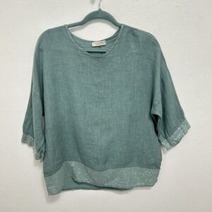 Bellambra Blue Teal Linen Sequin Tunic Top Coastal 3/4 Sleeve Lagenlook Size M